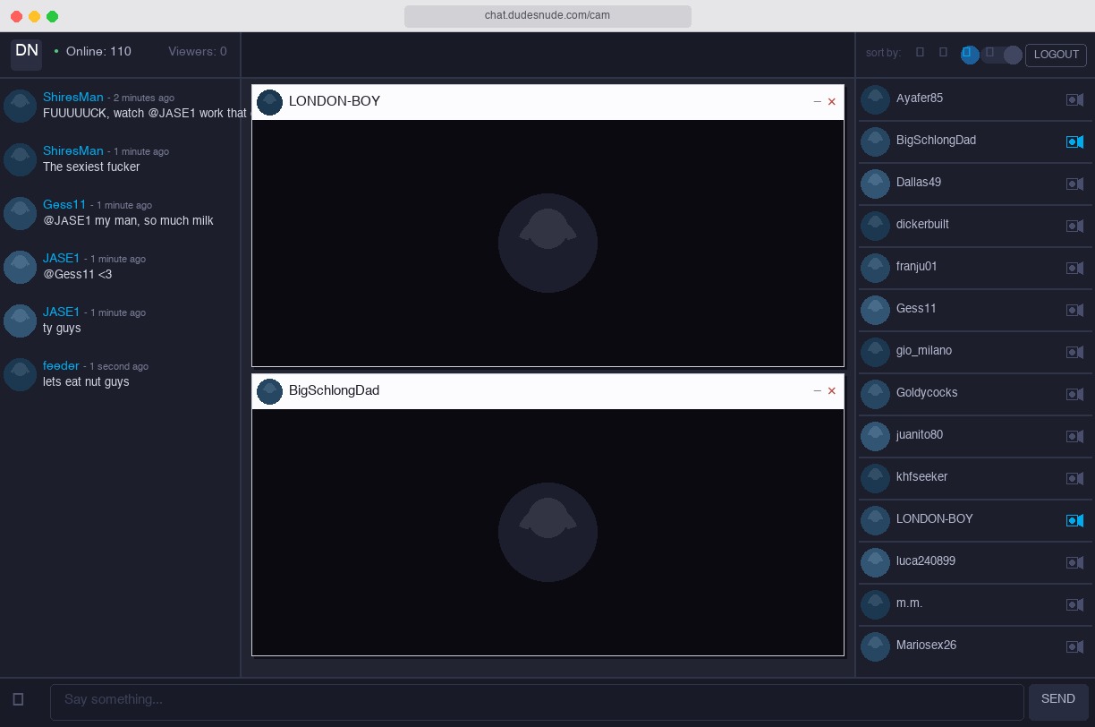 Two live cam feeds open in the DudesNude Cam Room — viewer list on the right, real-time chat on the left
