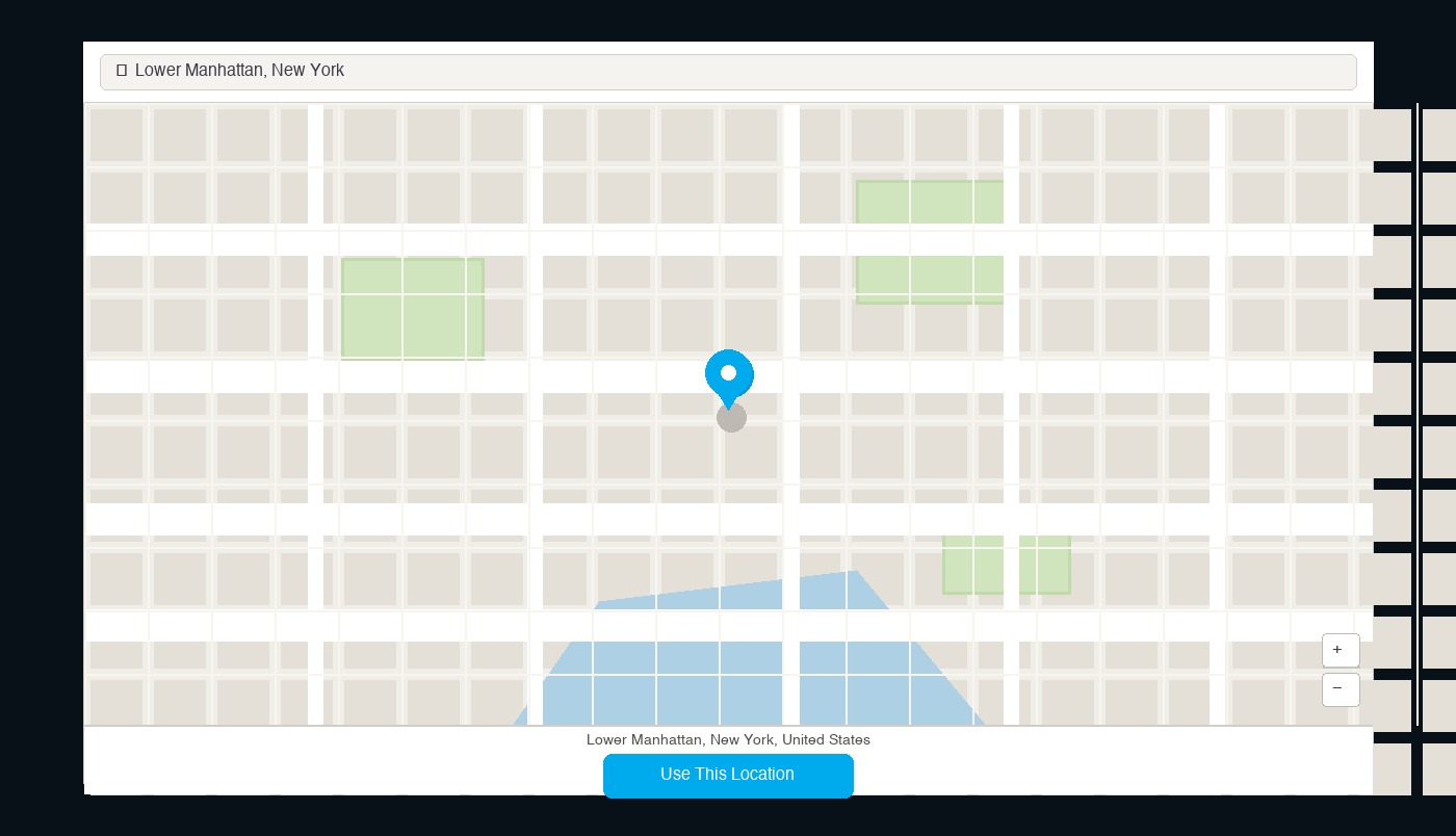 Location selection map dialog showing a pin over Lower Manhattan with a search box above and a Use This Location button below