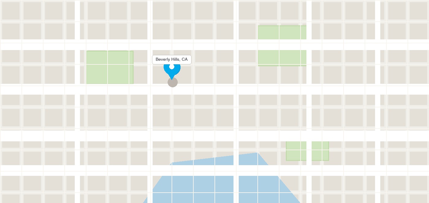 Map zoomed in to the Beverly Hills and Los Angeles area with a pin placed in the hills