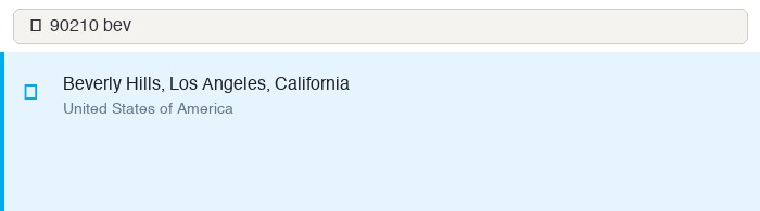 Search box showing '90210 bev' returning Beverly Hills, Los Angeles results