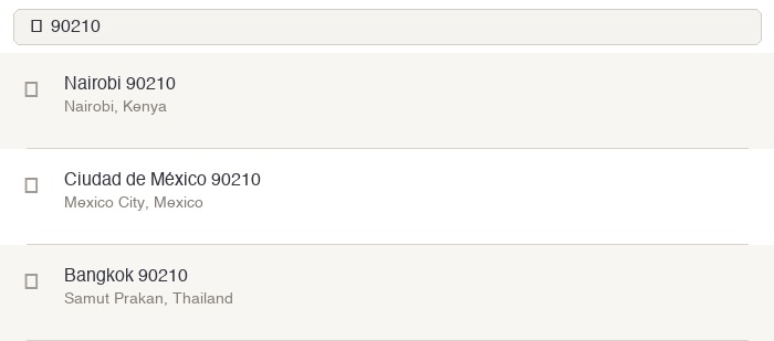 Search box showing '90210' returning results in Kenya, Mexico, and Thailand