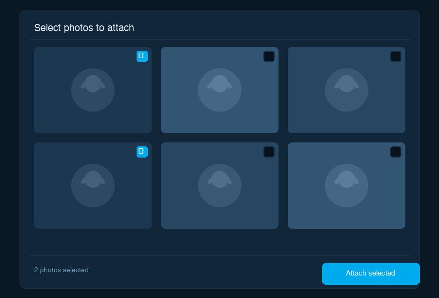 Photo attachment picker showing private photos with checkboxes and an Attach Selected Photos button