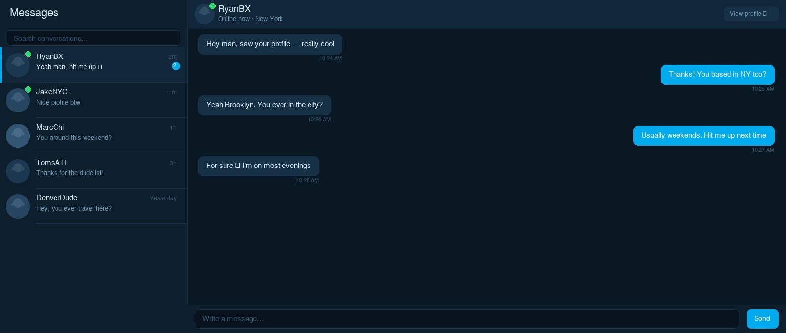 DudesNude messaging interface showing conversation list on the left and an open chat thread on the right