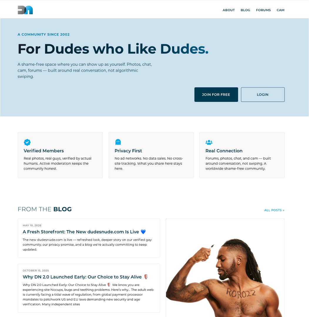 The new dudesnude.com storefront — clean header, ‘For Dudes who Like Dudes’ hero, three pillar cards, fresh blog strip
