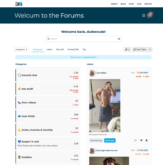 The new DudesNude forums — every topic is a card showing the latest photo, a snippet of the newest reply, reaction and reply counts, and a heart button