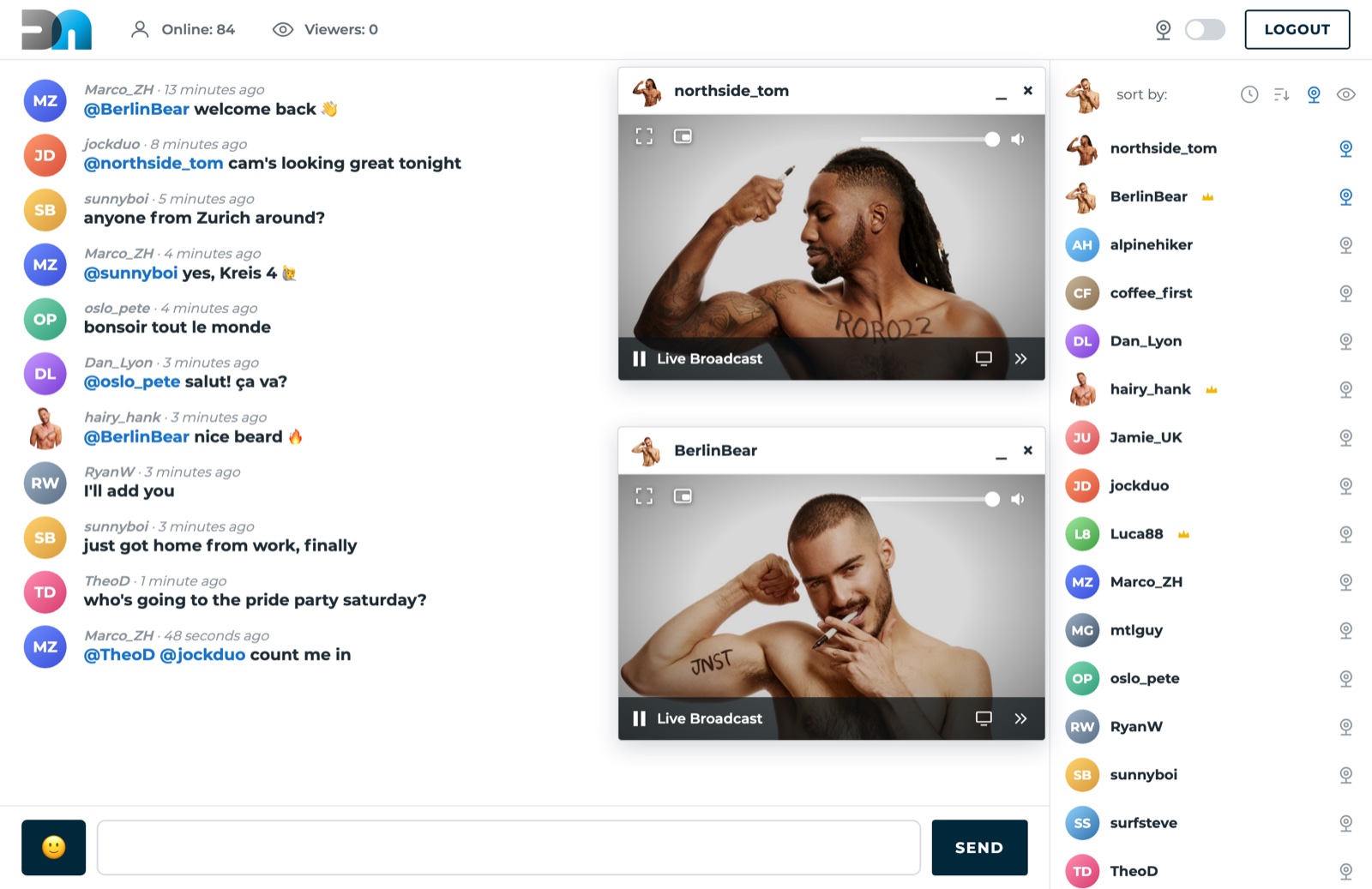 The DudesNude cam room — two live member streams in floating windows, the room chat on the left and the member list with who is on cam on the right